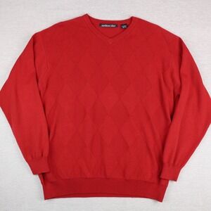 Northern Isles Sweater Mens L Red V-Neck Argyle Long Sleeve Cotton Pullover